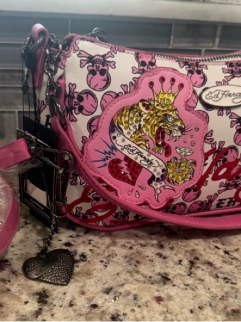 Ed Hardy Kids Pink Skull & Tiger Print Crossbody Bag - Picture 3 of 6